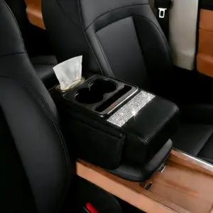 2026Bling Diamond-Trimmed Car Console Organizer with Dual Cup Holders for Stylish Practical Use Universal Interior Center Console Cover Multifunctional Armrest Box paper towel holder Leather cararmrest pady y mat