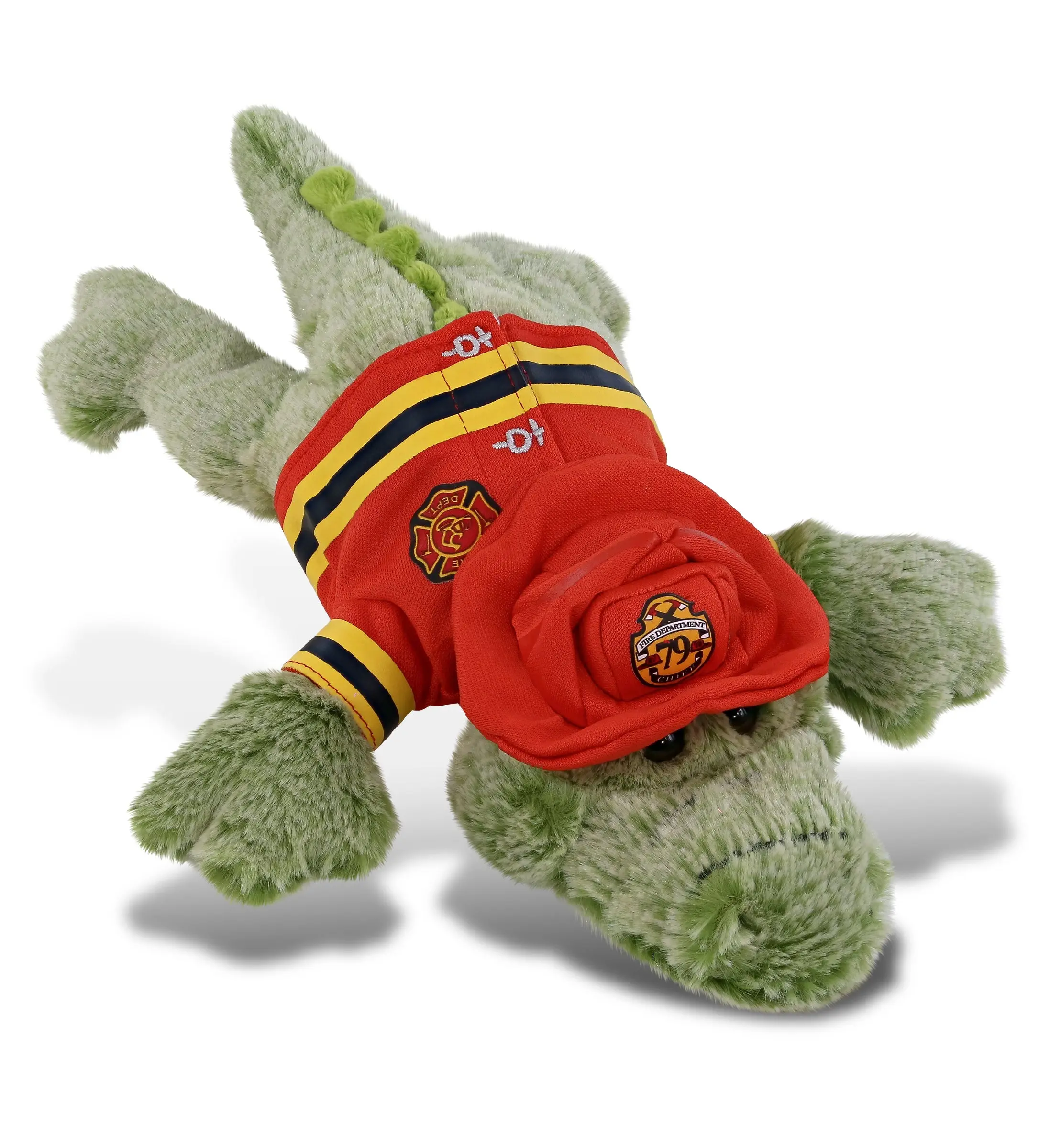 DOLLIBU 12-Inch Green Alligator Stuffed Toy - 1 Green Alligator Plush, Realistic Fireman Costume, Unisex, 12l x 9w x 3h in, Super-Soft Polyester, Removable Design, Dry, Hook-and-Loop Tape Fastener, Kids Pretend Play, Perfect Gift, Ages 0+