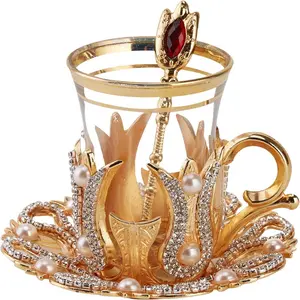 (Set of 6) Turkish Tea and Coffee Glasses Set with Metal Saucers, Holders and Spoons, Decorated with Crystals and Pearls, 24 Pcs, Gold, 3.3 Oz