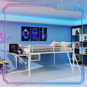 Full Size Game Loft Bed with Desk & LED Light Strip, Kids Metal Low Loft Bed with Safety Guardrails, Ladder & Under-bed Storage Space, No Box Spring Needed, White