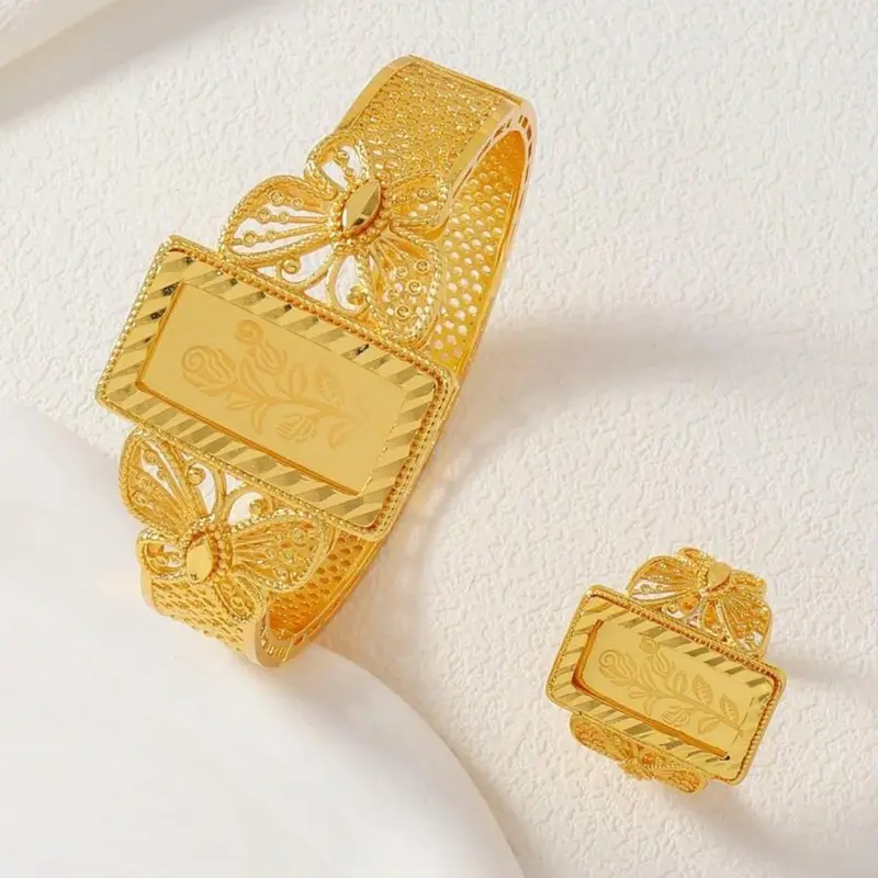 Women's Elegant Butterfly & Rectangle Design Cuff Bangle & Stud Earrings, Exquisite Trendy Matching Jewelry Set, Fashionable Vintage Jewelry Set for Women As Gift, Jewellery Gift Set