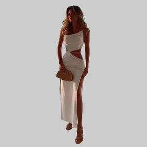 Slant neck suspender women's dress European and American sexy lace-up hollow long dress split-ended dress