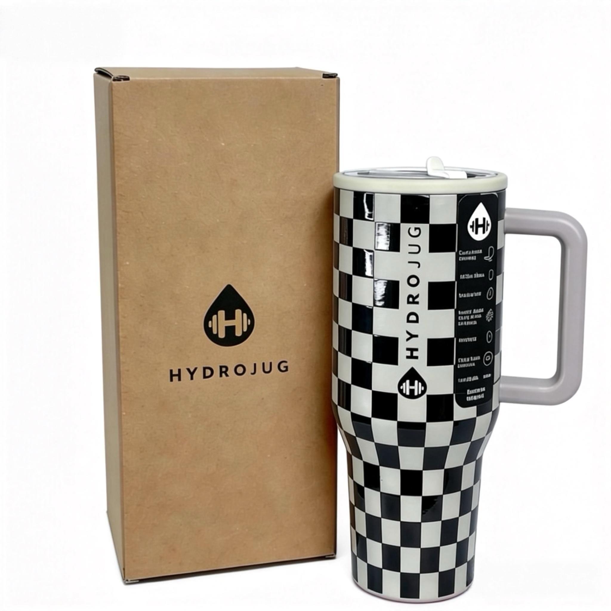 HydroJug 40oz black and white checkered straw cup made of stainless steel, with insulation and cooling functions, a sealed straw lid to prevent leakage. The handle design is convenient for carrying. Suitable for use in cars, offices, and travel.