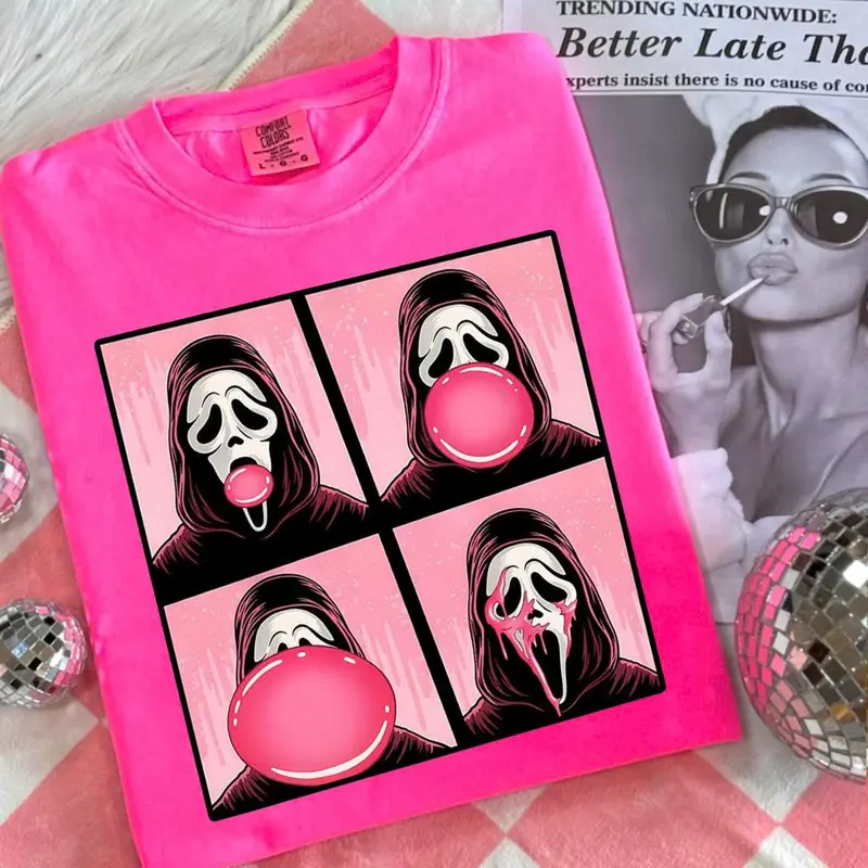 Comfort Colors Ghostface Pink Bubble Gum Shirt, Funny Halloween Graphic Tee, Spooky Horror Movie T-Shirt, Trendy Fall Aesthetic Apparel