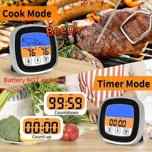 Digital Meat Thermometer with Large Touchscreen, Stainless Steel Probe & Timer, Dual Display Fahrenheit & Celsius, Perfect for Grilling Cooking Baking