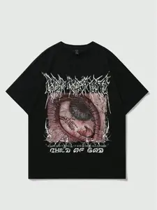 Dark Style 'child of God' Eye Print Short Sleeve Cotton T-Shirt, Fitted Crop Top, Casual Wear, No Collar, No Button, No Zipper