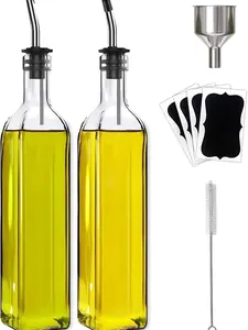 Glass Olive Oil Dispenser Set 2-Piece 500ml Medium Oil & Vinegar Bottles with Stainless Steel Pourers Funnel Brush Labels for Kitchen Use Utensils