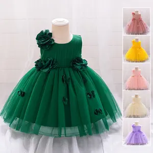 6M-3Y Dark Pink 2223 Anniversary Baby Girls Clothes Infant Birthday Cocktail Floral Mesh Ball Gown Dress Toddler Pageant Newborn Ball Gown Princess Baptism Frock