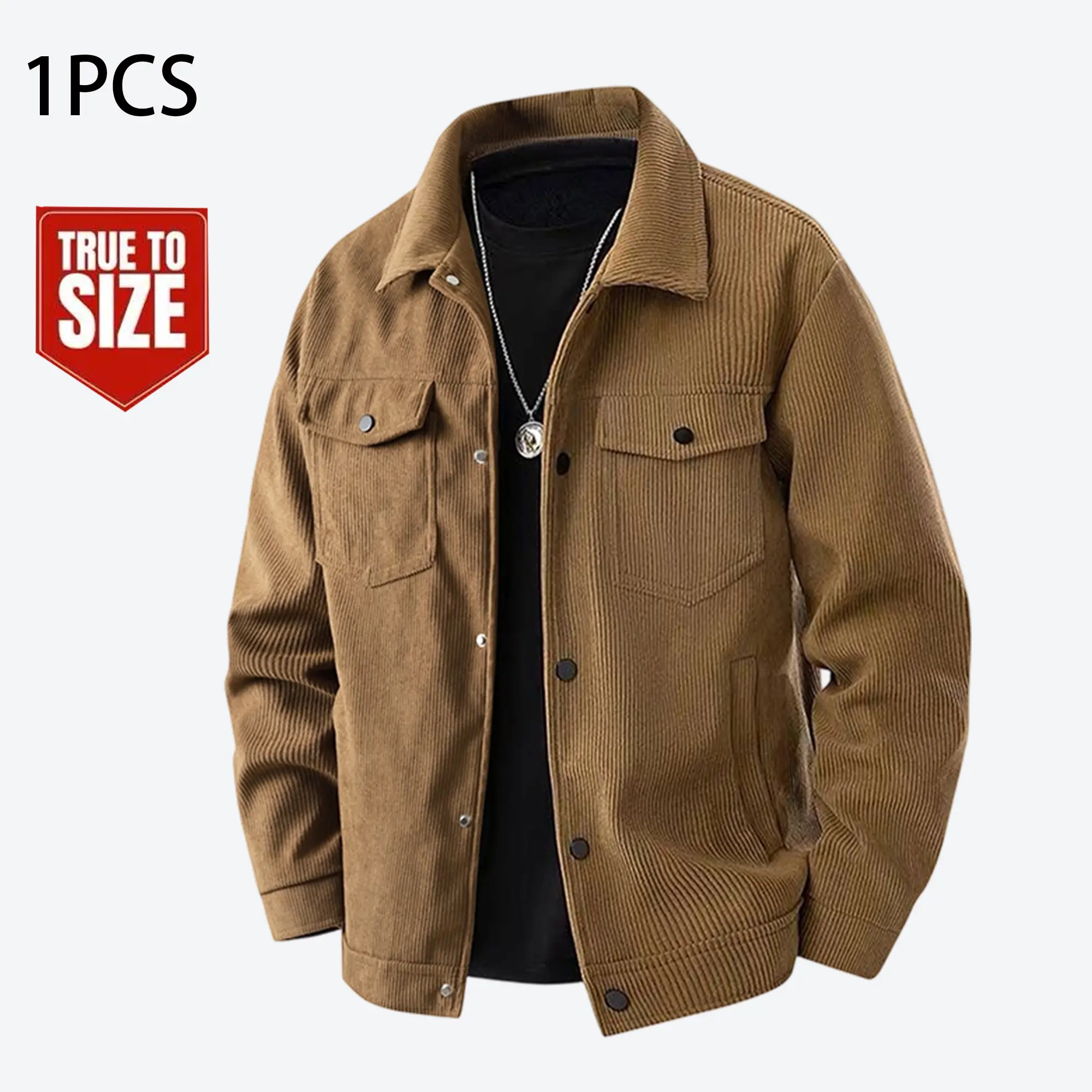 Men’s autumn/winter corduroy shirt jacket — soft, skin-friendly, with a beautiful drape. Ideal for everyday wear and business casual looks with a mature vibe. Retro notched lapel design. Available in black, brown, and cream.