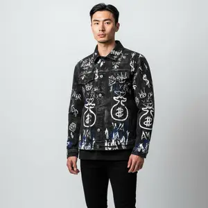 Graphic Black Jean Jacket with Unique Graffiti Design and Button Closure for Men