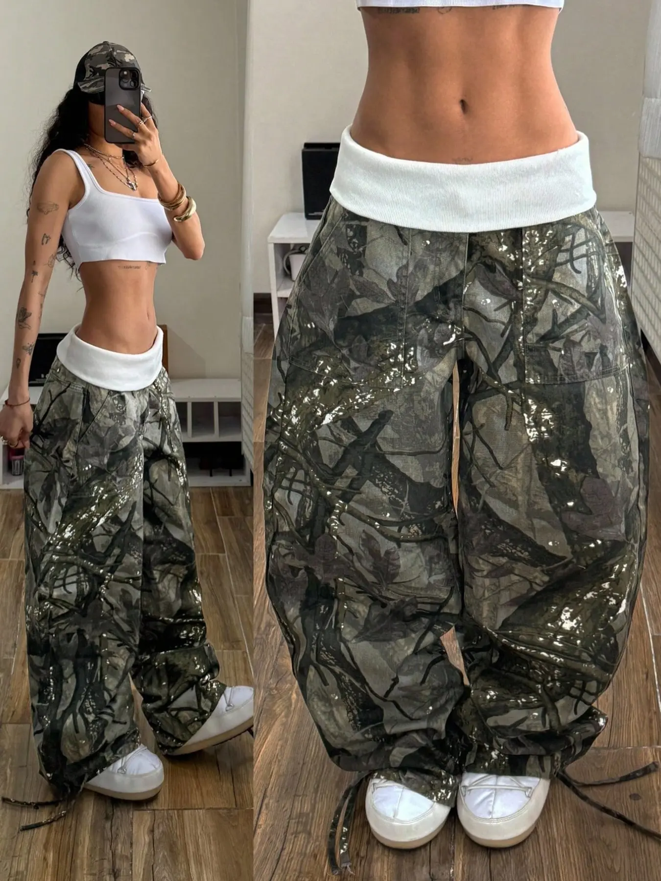 Y2K Camo Sequin Wide Leg Baggy Pants Low Waist Loose Fit Streetwear Long Jeans, Spring & Fall Fashion, Solid Pattern, Women's Clothing