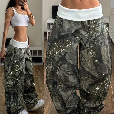 Y2K Camo Sequin Wide Leg Baggy Pants Low Waist Loose Fit Streetwear Long Jeans, Spring & Fall Fashion, Solid Pattern, Fashion Bottoms, Women's Clothing