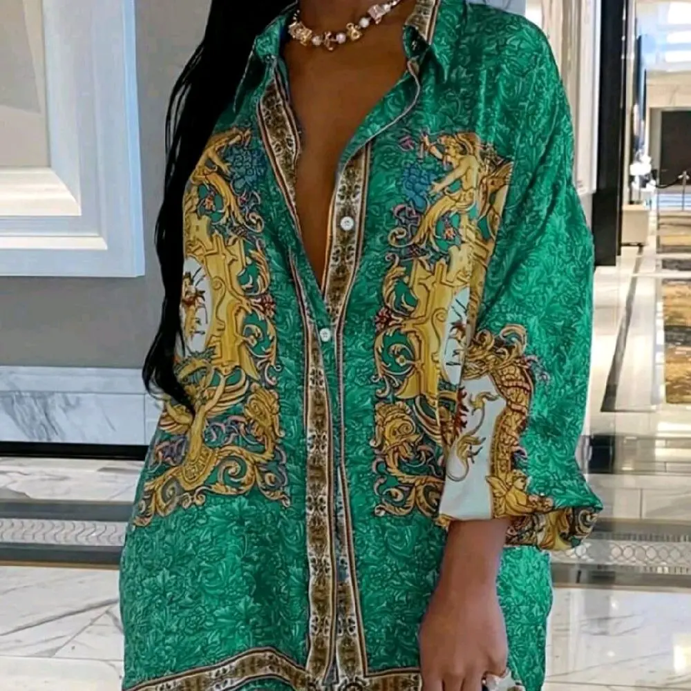 Allover Print Lapel Front Button Casual Vacation Shirt Spring Elegant