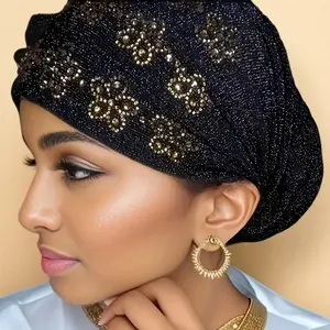 Women's Sparkly Rhinestone Turban, Elastic Glitter Head Wrap with Floral Crystal Detail, Comfortable Headwear for Ramadan, Eid, Weddings & Daily Wear