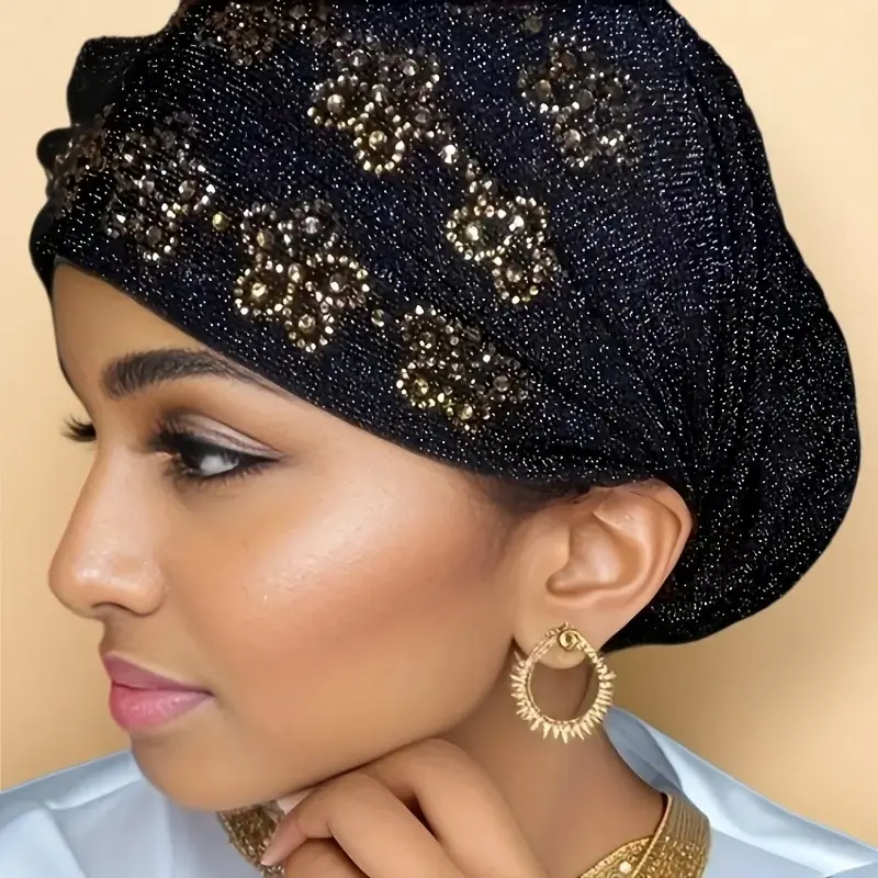 Women's Pre-Tied Glitter Fabric Turban with Floral Rhinestones - Stretchy, Comfortable Head Scarf Turbans for Daily Wear, Parties, Birthday Gifting, Hair Scarves, Head Wrap Turban
