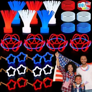 99 PCS July 4th Patriotic Glow Sticks Bracelets Necklaces Glasses, Glow in The Dark Party Supplies, Light Up Party Favors for Kids Adults, Blue White Red LED Accessories for Independence Day