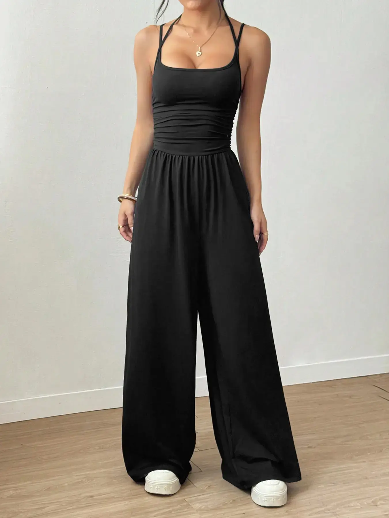 Women's Strapless Sleeveless Casual Fit Wrap Chest Jumpsuit Pajamas, Womenswear Versatile Home Wear, Comfortable and Stylish Solid Loungewear for Everyday Use