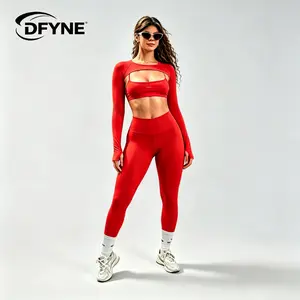 DFYNE Women 3-Piece Activewear Set Shrug Crop Top Bra High Waist Fitted Leggings