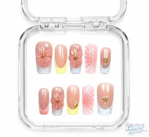GakuNails FAIRY BLUSH Press On Nails, 10 Pcs Medium Square Handmade 3D Gel Tips, Floral French Tip Blush Effect, Sacred Elegant Reusable Eco-Friendly Quality Nail Art Accessories, Nail Inspo