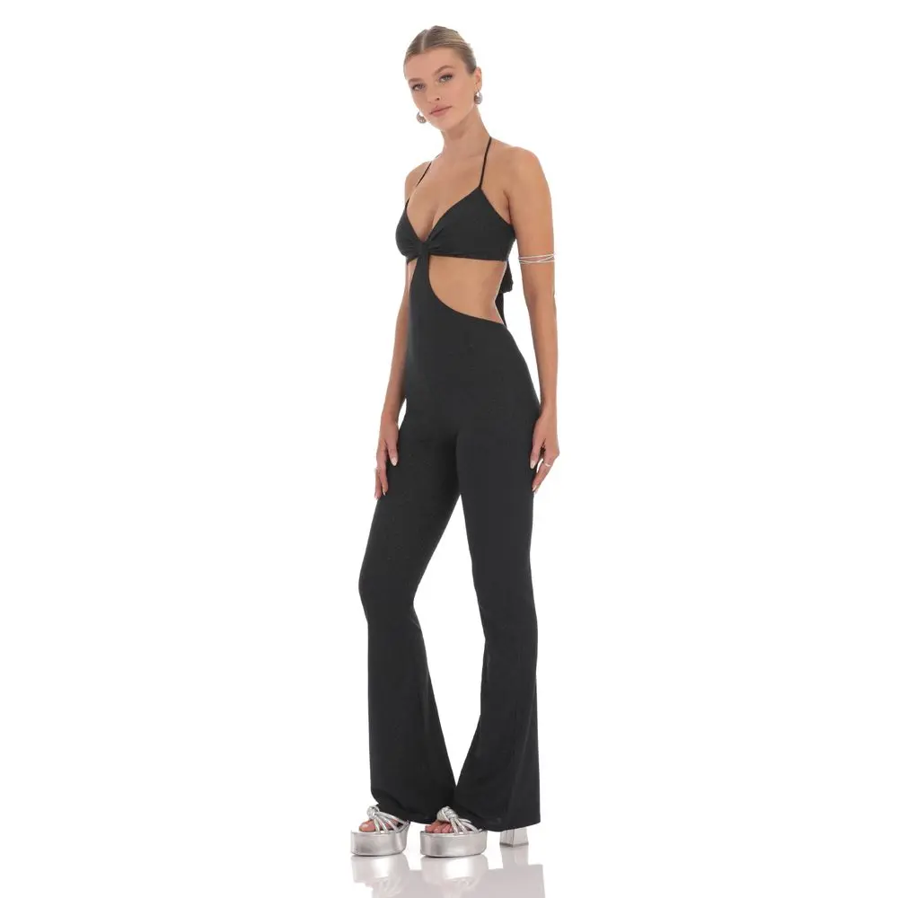 Shimmer Ribbed Cutout Jumpsuit in Black