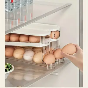 Double Layer Egg Storage Box, 1 Count SpaceSaving Rolling Egg Storage Box, WashablePlastic Egg Holder for Refrigerator, HomeOrganization, Stackable Fridge Organizer