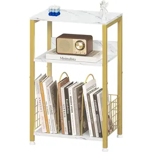 Side Table,White Marble Night Stand with Golden Metal Frame,3 Tier Industrial Wooden Record Player Stand with Vinyl Storage Shelf ,End Tables for Living Room Bedroom Small Spaces