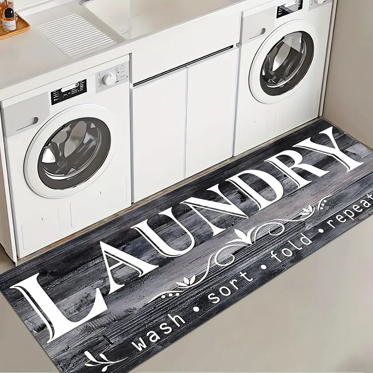 1 Pc Grey Abstract Laundry Room Rug Soft And Comfortable Long Strip Carpet Printed Mat Anti Slip Floor Mat Suitable For Kitchen Living Room Bedroom Sink Laundry Room Decoration Carpet Mat Home Care Supplies Household Items