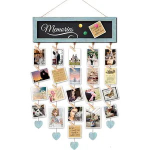 Picture Frames Collage Display Board with 30 Clips - Multi Photos Cards Organizer with Adjustable Twines and Magnetic Blackboard - DIY Hanging Wall Decor Picture Holder 15.7x5 Inches