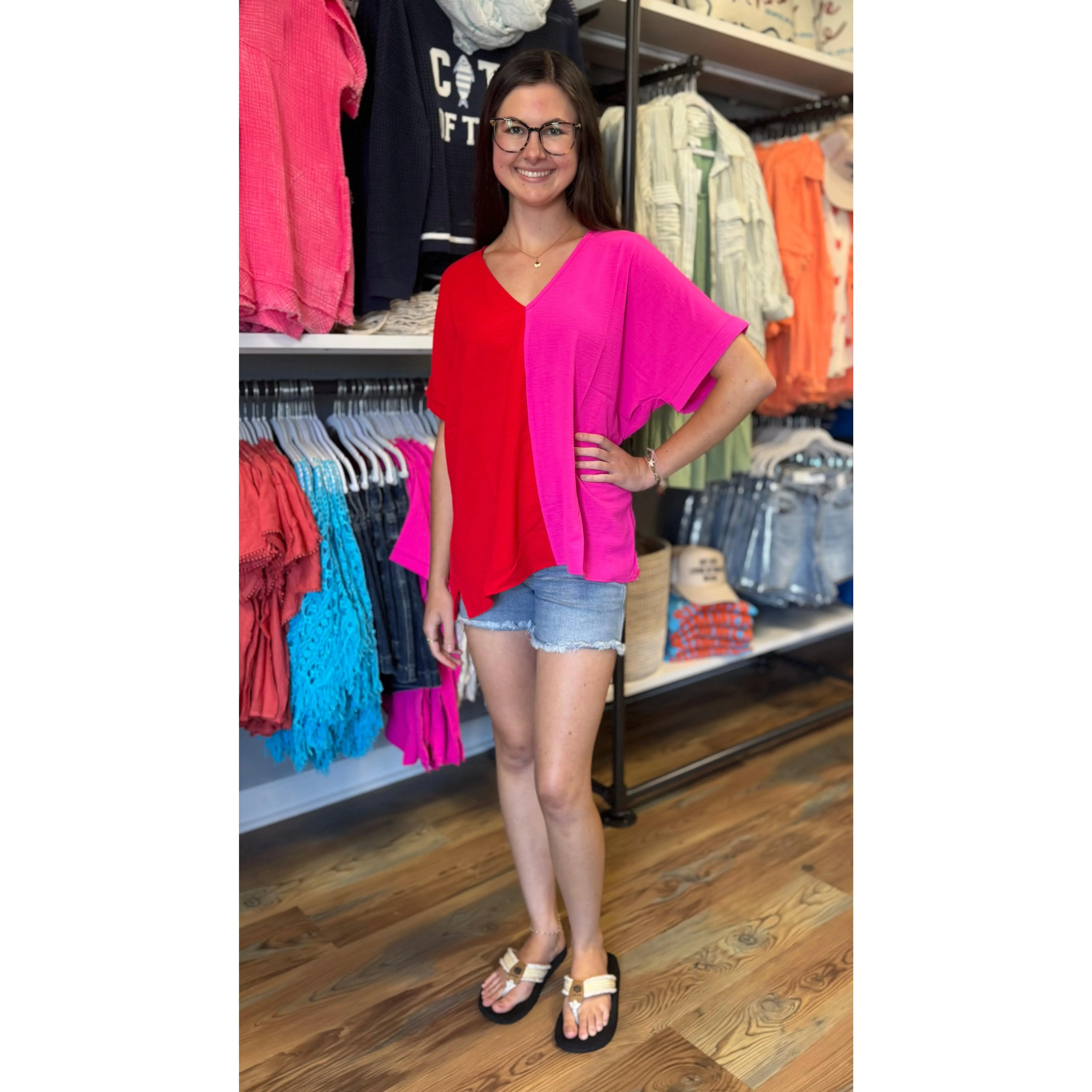 Red Fuchsia V Neck Top