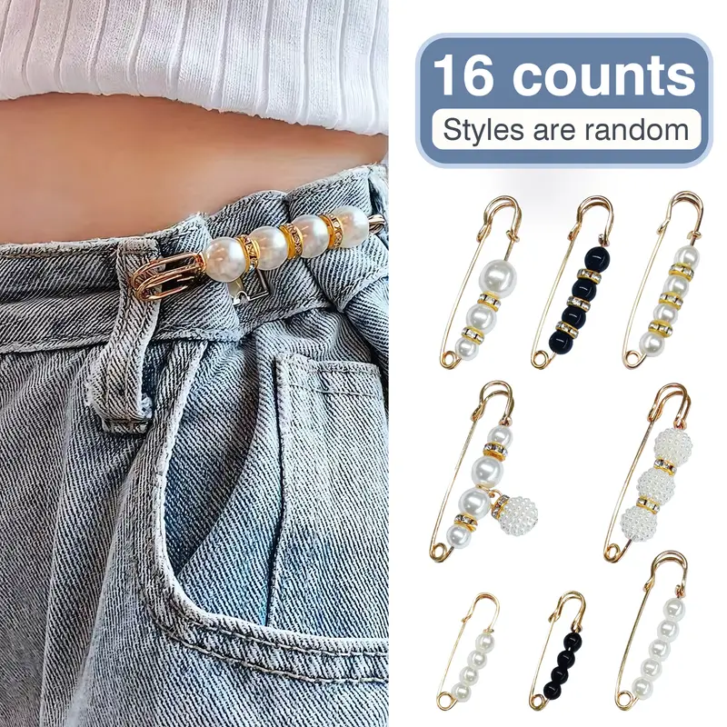 16 Counts Pearl Brooch Pins, No Sewing Fasteners for Sweater Shawl Cardigan Collar, Faux Pearl Clothing Dresses Decoration Pant Tightener for Women, Mixed Style Assortment