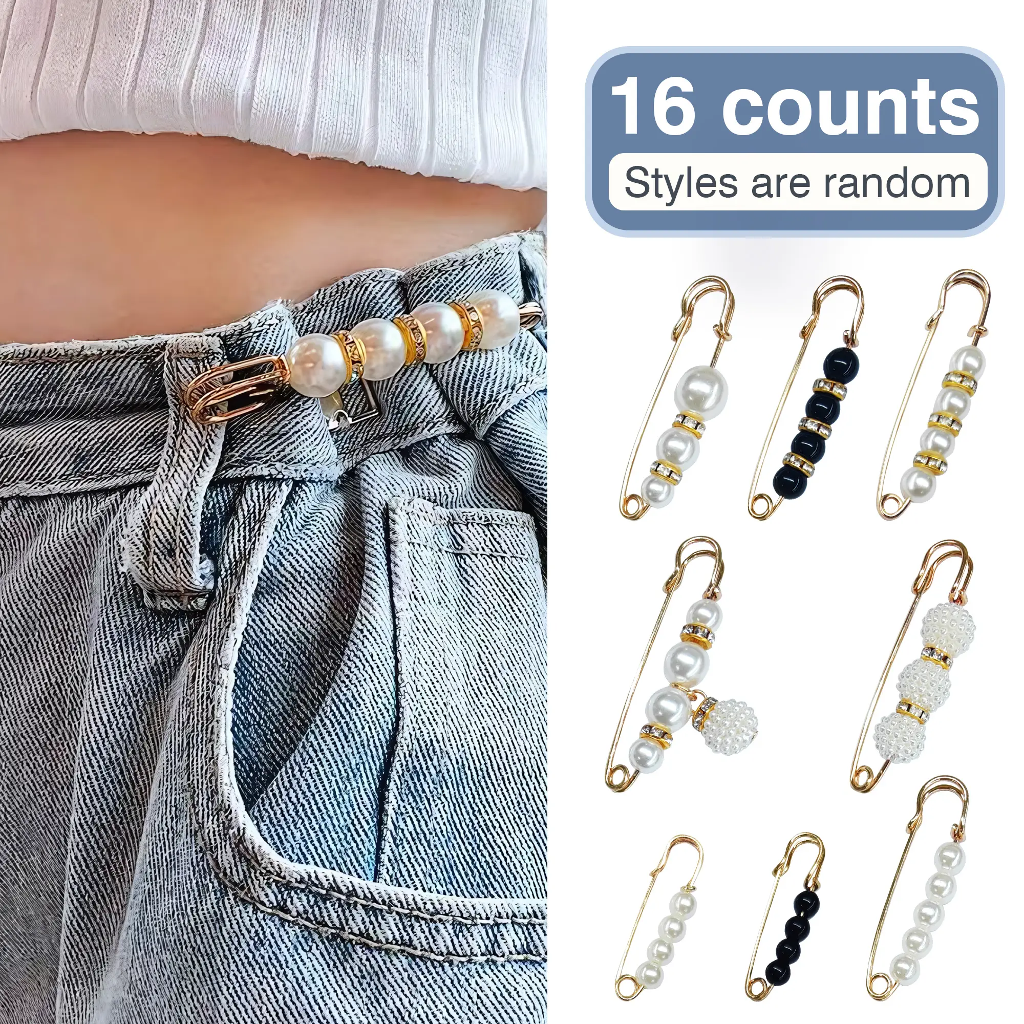 16 Counts Pearl Brooch Pins, No Sewing Fasteners for Sweater Shawl Cardigan Collar, Faux Pearl Clothing Dresses Decoration Pant Tightener for Women, M