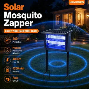 HAVIRORO Outdoor solar mosquito killer lamp IP67 waterproof rating featuring a 4800V high-voltage electric grid; supports dual solar and USB charging with automatic on/off functionality—suitable for use in courtyards, gardens, and basements