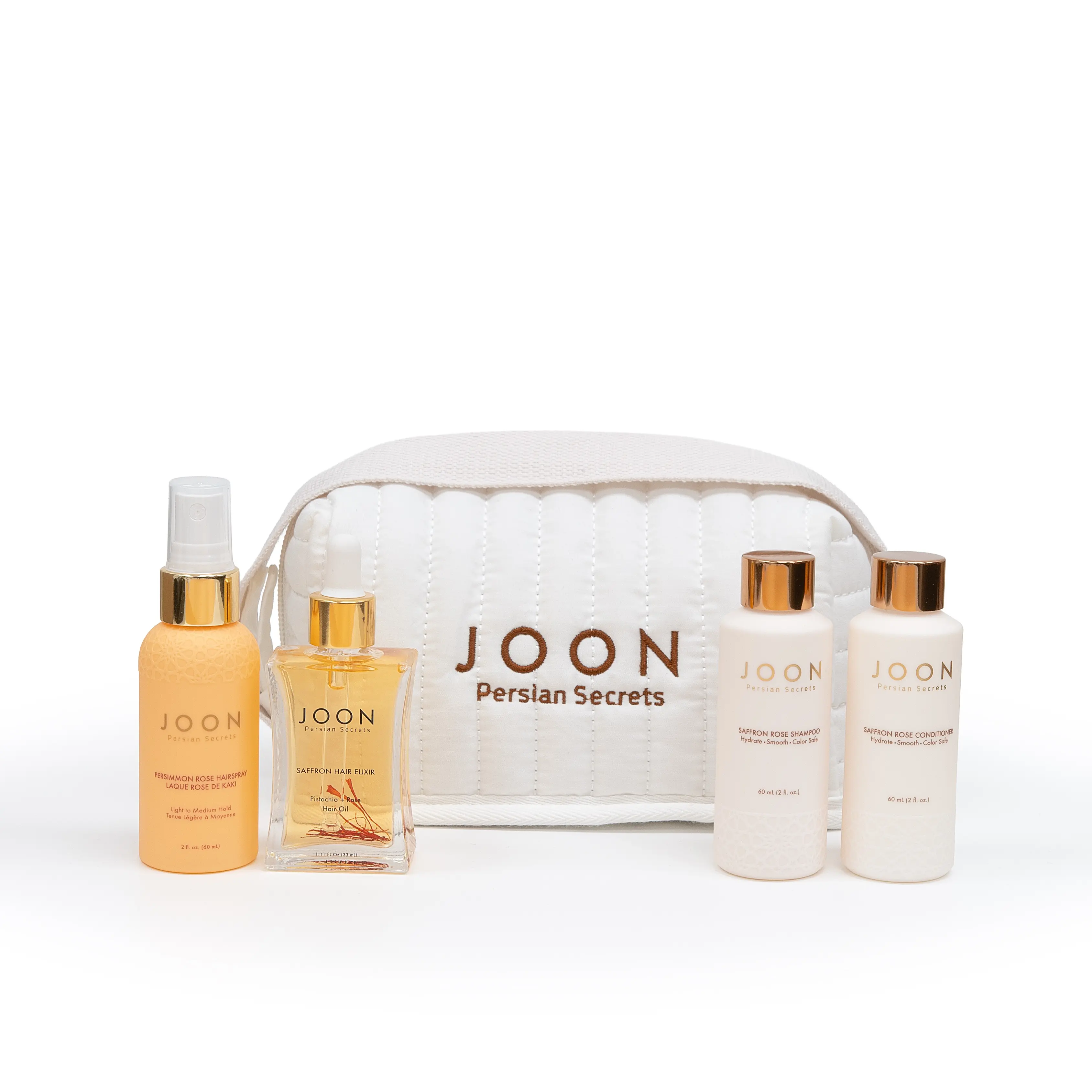 JOON Saffron Rose Haircare Travel Kit, 4-Piece Set for Shine & Smoothing with Shampoo, Conditioner, Elixir, Hairspray & Cosmetic Bag