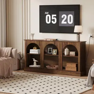 63" Arched TV Stand with Power Outlets, Console Table with Charging Station for Entryway Living Room, 3-Tier Modern Entertainment Center for 65 70 Inch TV, Media Console with Open Shelves, Brown