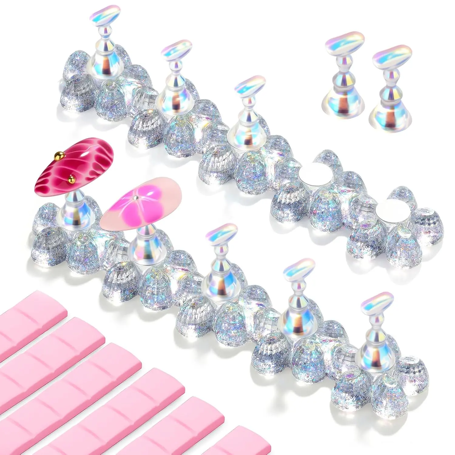 Makartt Press on Nail Stand: Magnetic Nail Holder for Painting Nails DIY Pink for Art Display Practice, Pink Glitter Flower Fake Holder for Home Salon with Reusable Adhesive Putty