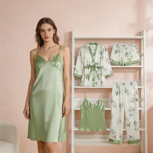 5-piece women’s pajama set, printed loungewear set including [robe, long camisole, short camisole, long pants, shorts], belt design for year-round easy switching; stylish, comfortable robe set.