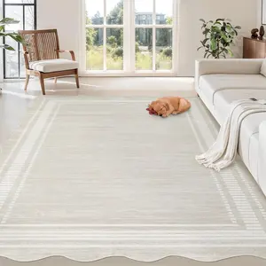 Scalloped 5x7 Area Rugs for Living Room, Washable Modern Bordered Solid Rug for Bedroom, Scalloped Non-Slip Stain Resistant Rug for Dining Room Home Office Dorm, Cream