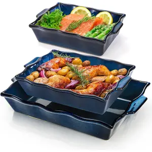 3-Piece Set Ceramic Casserole Dish for Oven with Handle Heavy-Duty Rectangular Baking Pan Set for Cooking Cakes Dinner Kitchen Blue