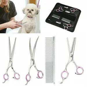 7" Professional Pet Dog Grooming Scissors Set Straight Curved Thinning Shear Kit