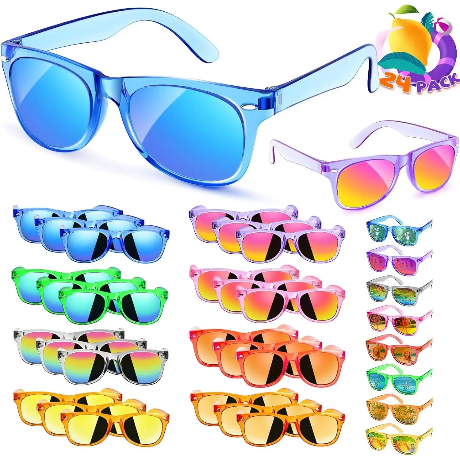 Unisex Kids Neon Sunglasses (3-8 Yrs) - 24-Pack, UV400 Protection, All Seasons Party Favors, Student End-of-Year Goodie Bag Stuffers, Plastic DIY Painting Supplies