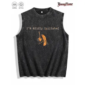 Men's Retro Acid Wash Muscle Tee, Funny "Mildly Irritated" Meme Graphic, Casual Breathable Top for Summer Wear
