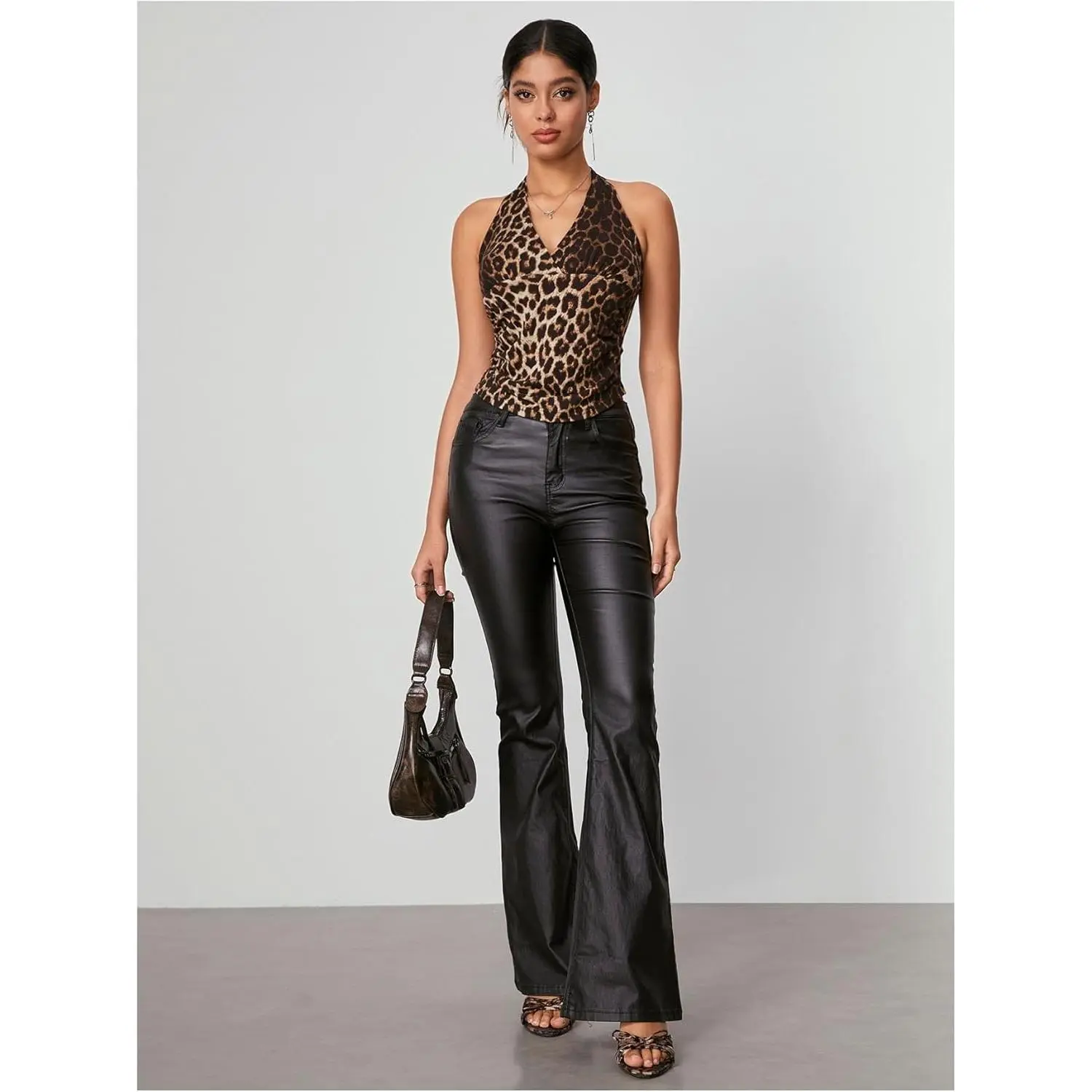 Women's Leopard Print Ruched Halter Crop Tops V Neck Tie Back Sleeveless Slim Fit Cami Tops Women's Leopard Print Ruched Halter Crop Tops V Neck Tie Back Sleeveless Slim Fit Cami Tops