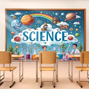 1pc Science Theme Backdrop - Space Exploration with Planets Stars Lab Equipment 100% Polyester for Holiday Party Classroom Office Indoor Outdoor Use