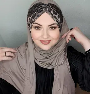 Solid & Leopard Print Jersey Instant Hijab - Mink