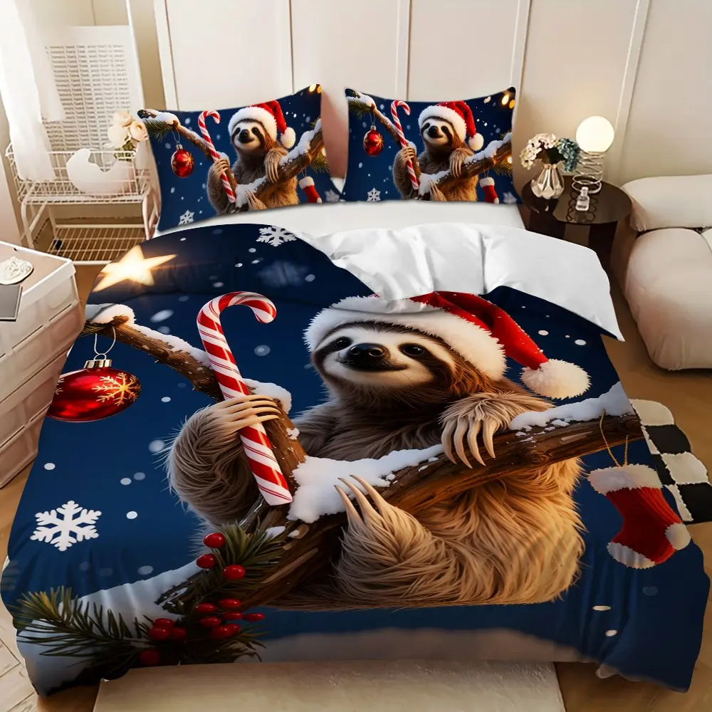 Bedding 3-piece set - 3PCS,Merry Christmas Red and Green Sloth Candy Cane Design Down Comforter Set (1 comforter cover + 2 pillowcases, filling not included) -  Soft and comfortable, suitable for family bedrooms.
