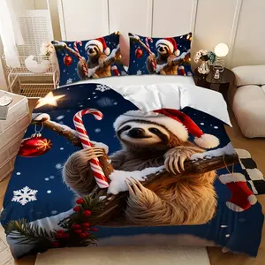Bedding 3-piece set - 3PCS,Merry Christmas Red and Green Sloth Candy Cane Design Down Comforter Set (1 comforter cover + 2 pillowcases, filling not included) -  Soft and comfortable, suitable for family bedrooms.