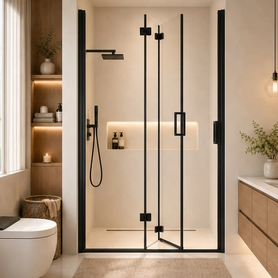 ARCH Semi-Frameless Folding Pivot Hinged Shower Door 34-35.2" W x 72" H, 1/4" Tempered Glass, Matte Black Aluminum, Reversible Bi-Fold Panel, Waterproof Seal, Bathroom Space-Saving Design, Easy Install, Matte Black Color Options, Aluminium Material