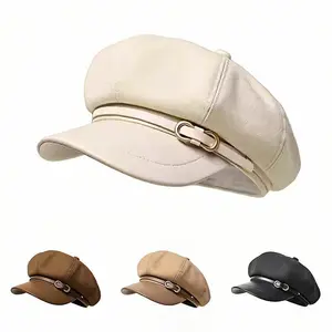 Newsboy Cap Autumn Winter Women's Beret Black Casual Vintage French Beret Retro Octagonal Cap with Adjustable Buckle