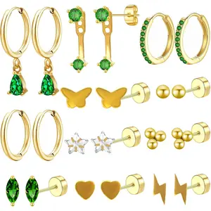 11 Pairs 14K Flat Back Earrings Gold Surgical Steel Earrings Cartilage Studs Hoop Sets Earring Stacks Multiple Piercings Jewelry Hypoallergenic,Studs 0.8mm,Rings 10mm