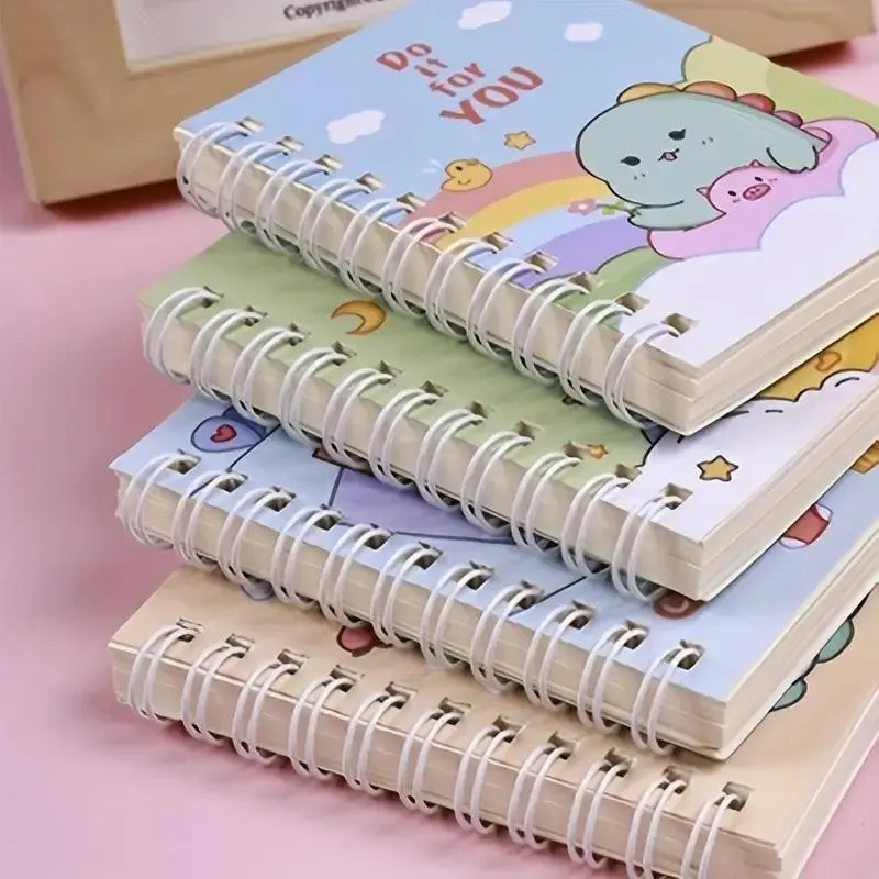 4 Piece Thick Small Coil Book Cartoon Horizontal Line Notebook, Portable Pocket Diary for Students, School Supplies, Back to School, Spiral Notebook Journal, Spiral Bound Notepad